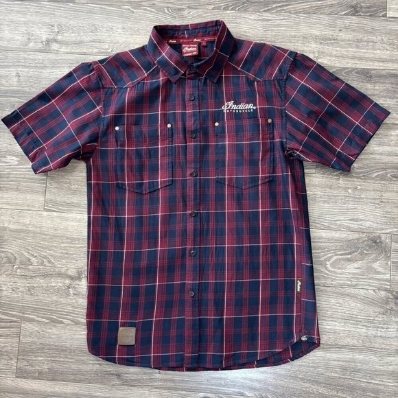 Indian Motorcycle Flannel Mens S Red/Blue Plaid Short Sleeve Button Down Bikers - Picture 1 of 16